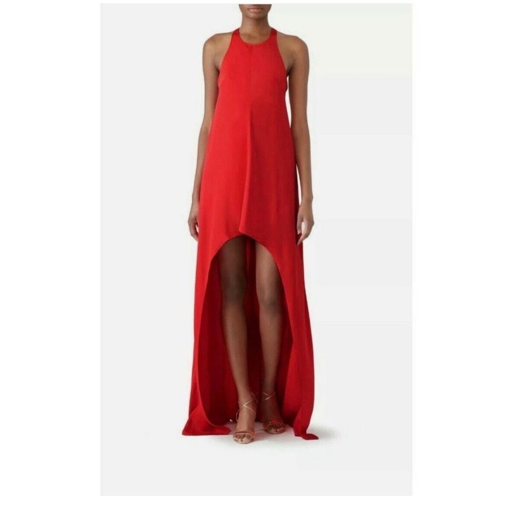 Kaufmanfranco Red Racerback Silk Blend Hi Low Gown Size 0 High Neck Halterback